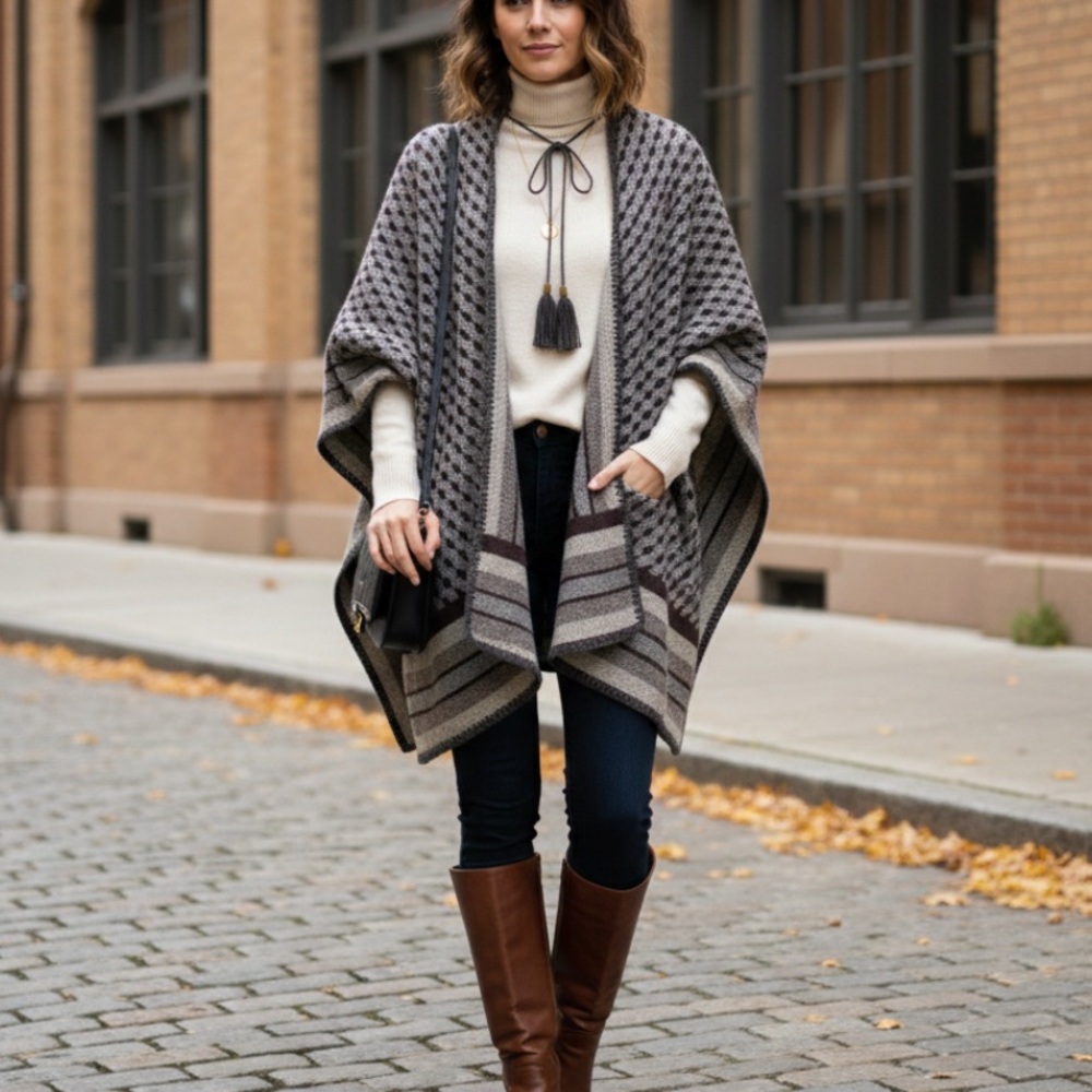 Marc New York by Andrew Marc | Geometric Knit Blanket Wrap Poncho
